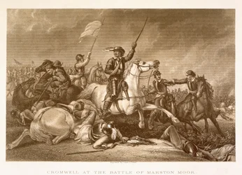 Cromwell führt nach seiner Verwundung am rechten Arm in der Schlacht von Marston Moor am 2. Juli 1644 den Angriff an, gestochen von John Crew